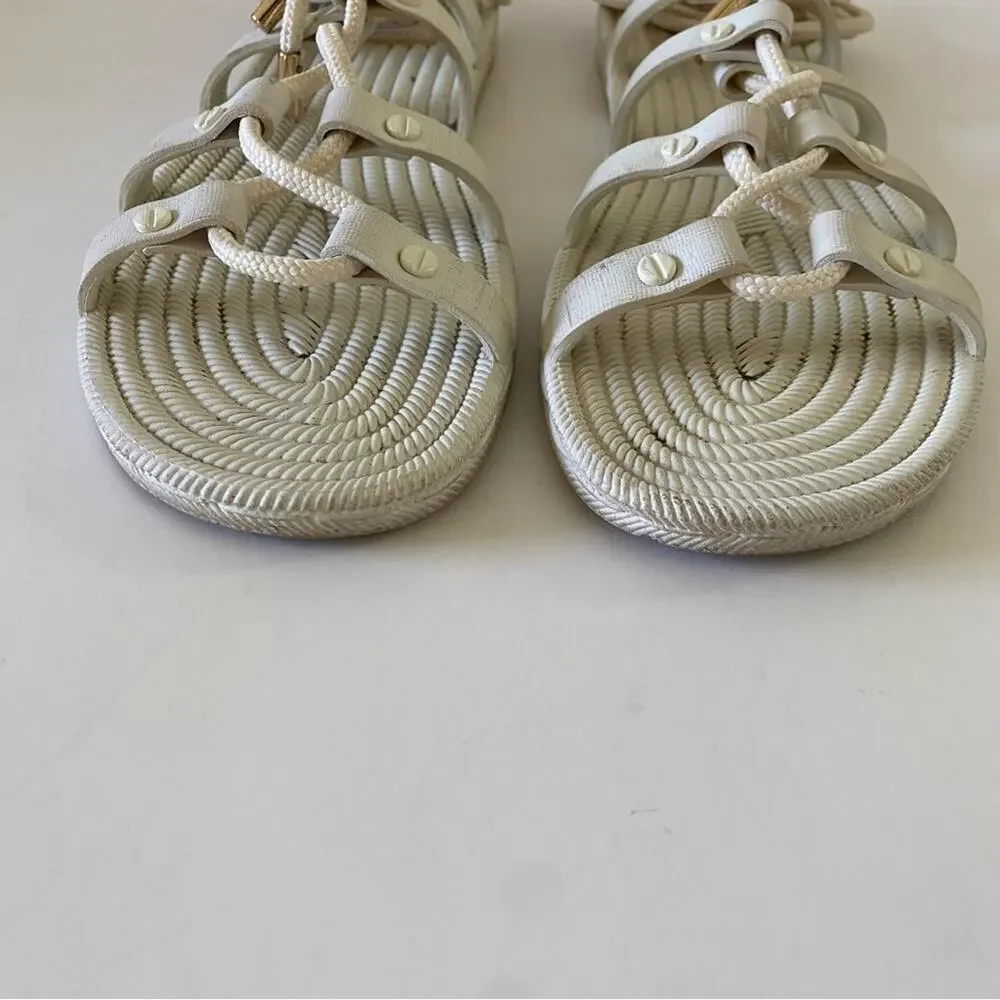 Tory Burch Lace Up Gladiator Rope Strappy Ankle Wrap Flat Sandals Off White - Picture 4 of 10